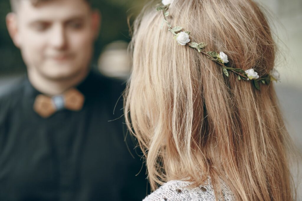 bride looking at groom